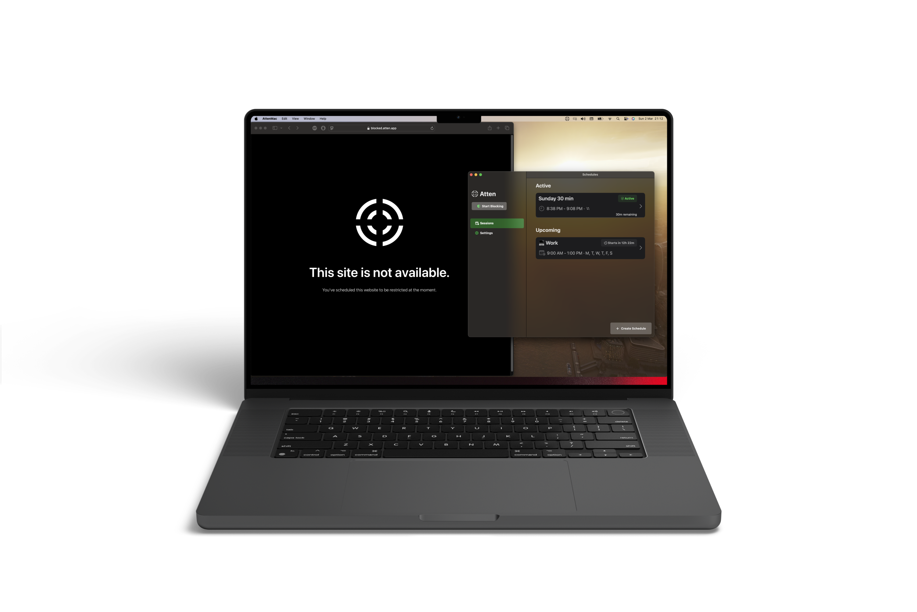 The current Atten app running on a MacBook, with a schedule active and a distracting website blocked