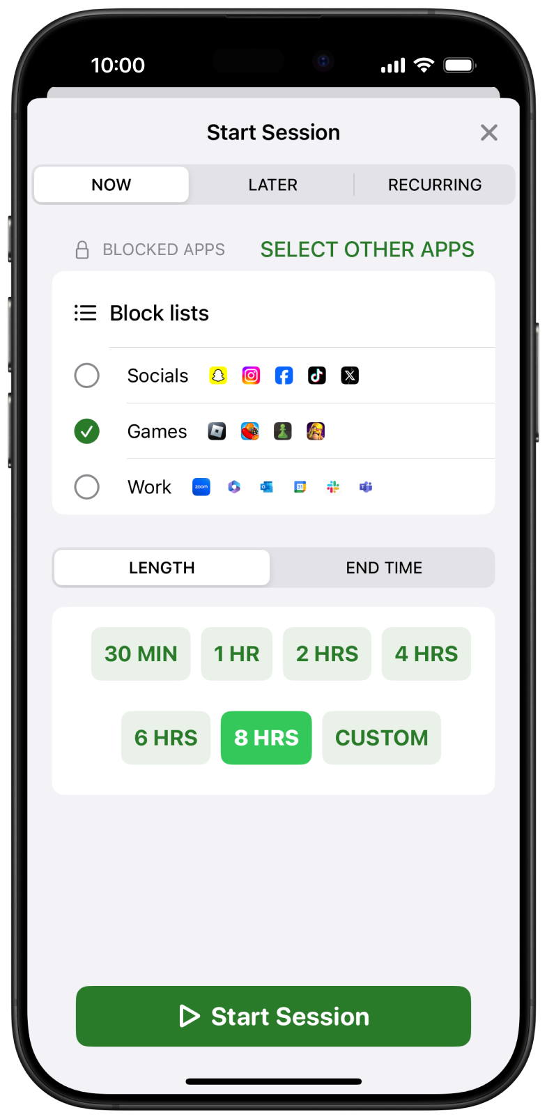 Atten’s current iPhone app showing block lists and focus session length options